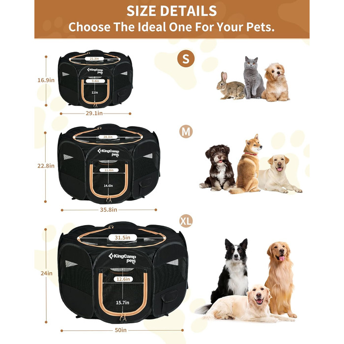 КінгКемп Переносний вольєр для собак, вольєр для цуценят, складаний вольєр для домашніх тварин, собаче намет з сумкою, для використання в приміщенні та на вулиці, знімний замок-блискавка знизу, розмір S: Чорний