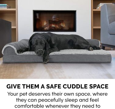 Ліжко для собак Furhaven XXL з ортопедичним матрацом Memory Foam, двоколірний штучний хутро та замша, Г-подібний диван, знімний і праний чохол, сірий, розмір Jumbo Plus (XXL)