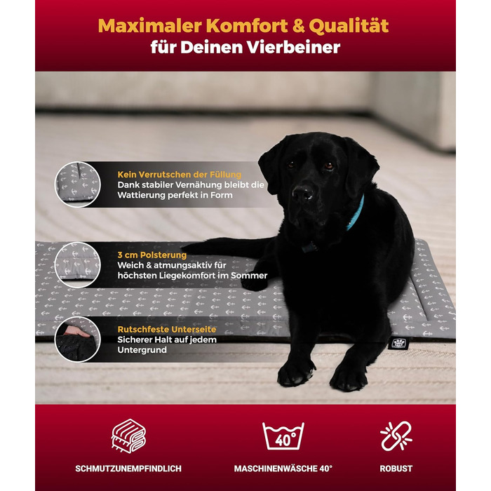 Літня подушка для собак HS-Hundebett® з бавовни з наповнювачем та антиковзким покриттям XS – М'яка подушка для собак на літо – Пральна та довговічна – Легка літня подушка для собак – Виготовлено в Німеччині (Сірий якорь, 75x115 см)