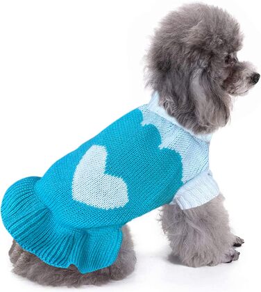 Пуловер для собак CHBORCHICEN, класичний в'язаний пуловер з коміром-горловиною, теплий зимовий одяг для цуценят, милий пуловер з малюнком 'полуниця' та 'серце' (M, Dress-Red1), сукня, небесно-блакитний (Small)