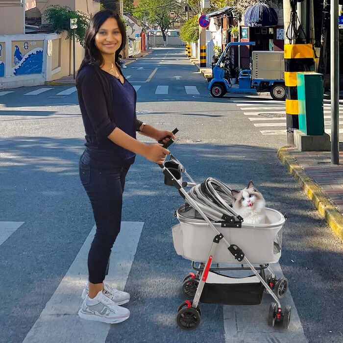 Візок для собак та котів, складний, до 12 кг, з кошиком та страхувальним тросом, сірий