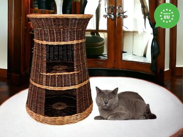 Корзина для котів, лежанка-будка, 43x49x70 см, з вербового пруття, трирівневе ліжко для собак та котів, знімні подушки кремового кольору, лакована корзина (без подушок)