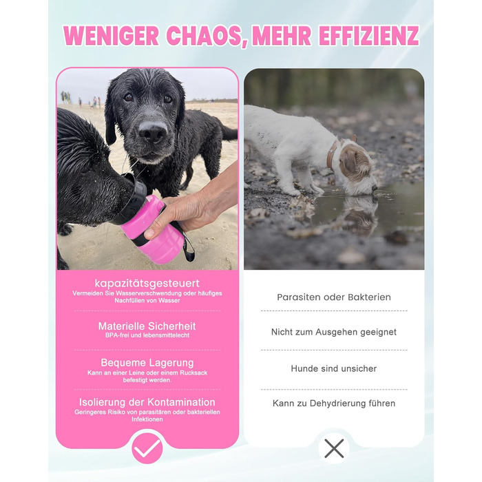 Складана пляшка для води для собак Lesotc, 520 мл, рожева - витоки виключені, для прогулянок, подорожей та кемпінгу