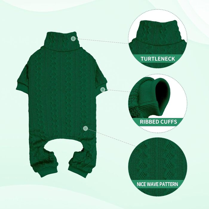 Светр для собак з коміром-горловиною, в'язаний, однотонний, для цуценят, теплий, для собак маленьких та середніх порід (зелений, розмір S/M)