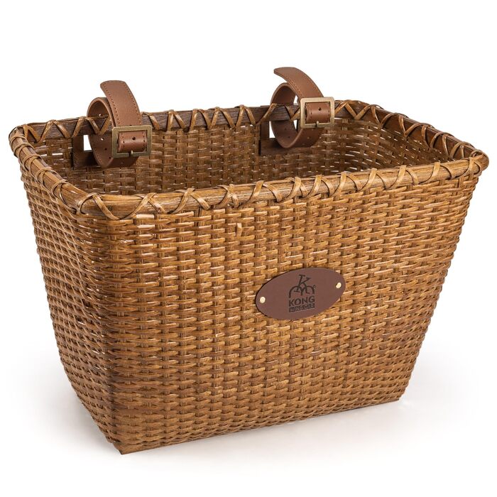 KONG MING CAR Кошик на кермо велосипеда – Ретро дизайн, міцний кошик з дерев’яною підкладкою та шкіряними ручками, ідеальний як передній кошик для велосипеда, коричневий