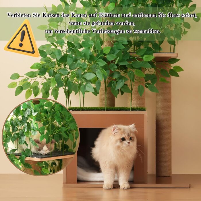 Кігтеточка для котів CareCooo 135 см з 12 стержнів, стабільна, з будиночком, сизаль, захист від перекидання, водонепроникна, для великих котів, коричнево-біла (зелений + МДФ, XL)