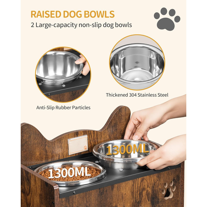 Підвищена годівниця для собак Hzuaneri з двома мисками, нержавіюча сталь, захист від бризок, антиковзаюча, безшумна, для малих та середніх собак, вінтажний коричневий, PB01601B