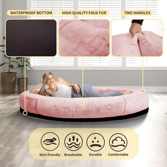 Велике ліжко для собак та людей FURRYFECTION, 180x114x35.6 см, рожеве, з ковдрою та подушкою