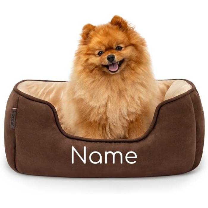 Ліжко для собак Lionto 2-в-1 з м'яким входом, зручне домашнє ліжко для тварин, що перевертається, для собак та котів, 110x80 см, подушка для собак з легкою у догляді оксамитовою обробкою, (Д 60 x Ш 50 x В 22 см (з нанесенням імені), Коричневий/Бежевий)