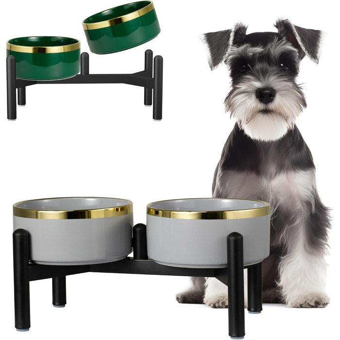 Керамічна годівниця для собак на підставці з нержавіючої сталі - подвійний набір мисок для собак, невеличких та середніх порід - неслизький набір мисок для корму та води - 350г / 660мл - 15см - сірий M сірий