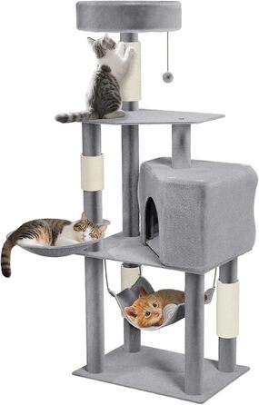 Кігтеточка для котів YRHome Hellgrau (сірий) - багатоярусна з гамаком та будиночком, 133.5 см
