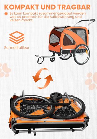 SEPNINE® Причіп для собак XL 2-в-1, велосипедний та візок для собак до 40 кг, складний з гальмами та з'єднувачем для середніх та великих собак - Синій (Помаранчевий)
