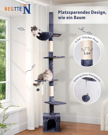 Кігтеточка NEGTTE з регулюванням висоти (230-275см) - кігтечочний комплекс з 2 кігтеточними стовпами, гамаком та будиночком. Вузька кігтеточка висотою для невеликих приміщень, система натягу стелі, страховий ремінь, темно-сірий колір