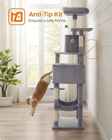 Дряпак для котів Feandrea 191 см, 5 стовпчиків, 2 платформи, 2 будиночки, гамак, 2 іграшки, багаторівневий, плюш, світло-сірий
