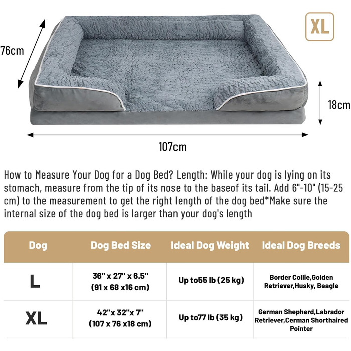 Ортопедичне ліжко для собак з піною-пам'яттю, знімний та пральний чохол, подушка-гніздо, неслизьке підложення та водовідштовхувальне покриття. Ліжко для собак з високим бортиком (XL 107*76 см)
