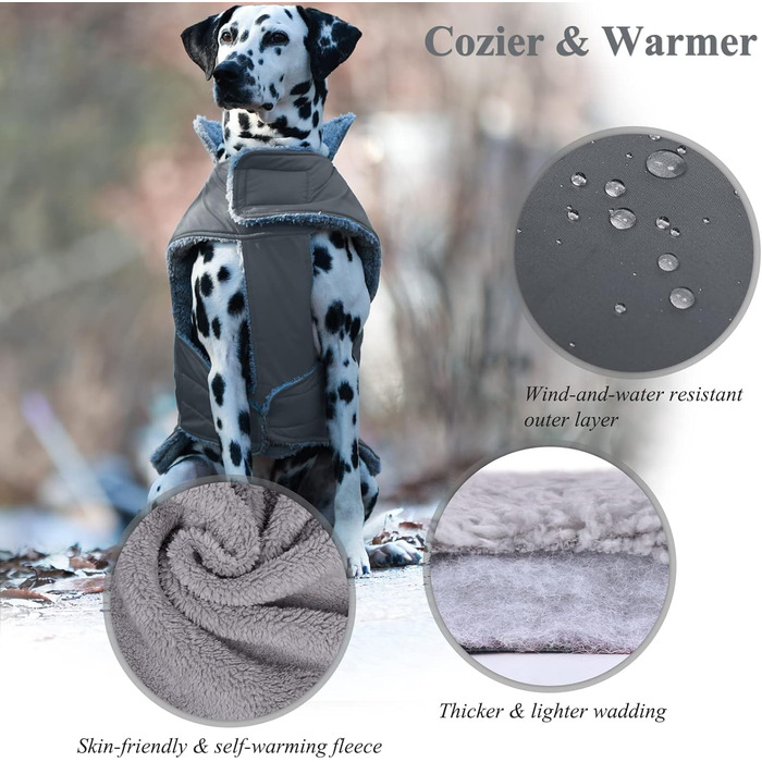 Теплий зимовий одяг для собак VIVAGLORY Frostfit: софтшелл з підкладкою з флісу, захист від снігу та холоду, світловідбиваючі елементи, сірий, XS (37-44см)