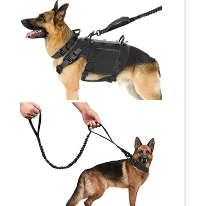 Тактичний нашийник для собак з ручкою та повідок, військовий стиль, м'яка підкладка, нейлон, регульований, для середніх та великих собак, чорний P7-L
