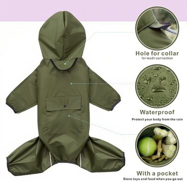 Водонепроникний дощовик для собак Idepet: тепла куртка з капюшоном для малих та середніх собак, зелений, 4XL