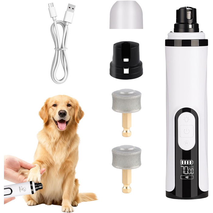 Електричний точилка для кігтів собак з 2 насадками, тример для подушечок лап з LED-підсвічуванням та 3 швидкостями, для великих, середніх та малих собак