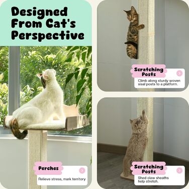 Кігтеточка для котів на вікно з товстого сизалю, гамак для котів, 135,9 см, регульована, висока, кігтеточка з 2 покращеними присосками, ліжко для котів на вікно з м'яким подушкою, велика (груба, сизаль)