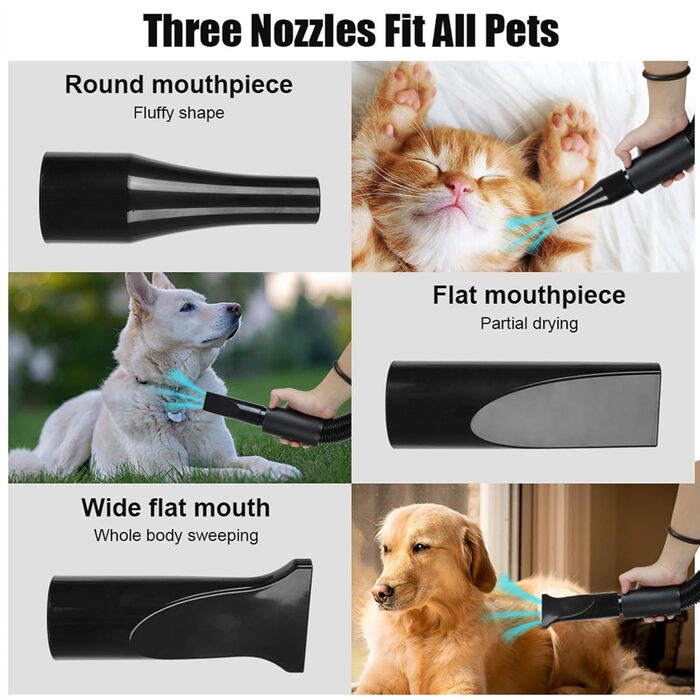Професійний фен для собак 2800W, регульована швидкість та температура, сушарка для тварин з 4 насадками (чорний)