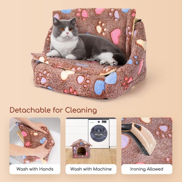 Будка для собак і котів Nobleza, зимостійка, 42x39x33 см, переносний лежак, знімний будиночок, коричнева, з матрацом