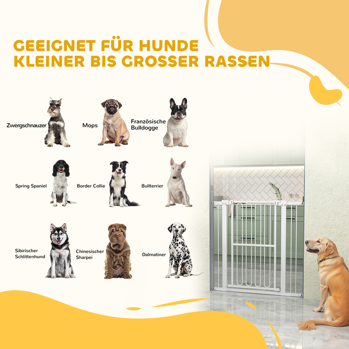 PawHut Dog Door Guard, 76-104 см Бар'єр без свердління, Сталеві сходові ворота, Захист сходів, Захисні ворота, Захисні ворота для сходів, Двері, Передпокій, Білий | Аосом