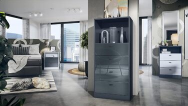Комод Vladon Pino V3, 4 шухляди і відкрита полиця, антрацит матовий, 56x125x36 см, без LED, фасади сірий глянець, Німеччина