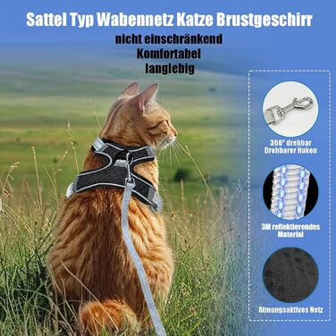 Шлейка для кота Brustgeschirr Cat, надійна та зручна, з регулюванням та світловідбиваючими смугами (Чорний, S)