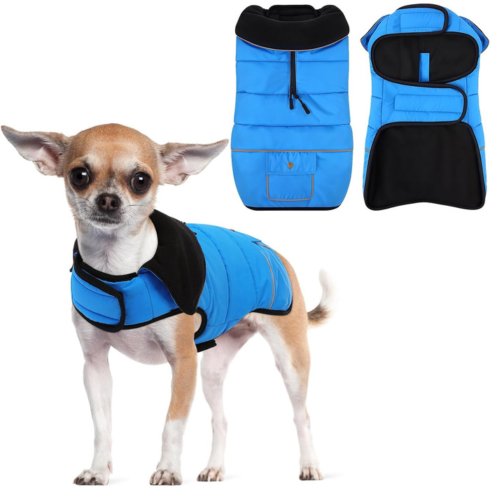 Конвініт Теплий водонепроникний зимовий одяг для собак - тепла куртка для маленьких собак з підкладкою, застібкою-липучкою та світловідбиваючими елементами, синій, S (обхват грудей 44 см)