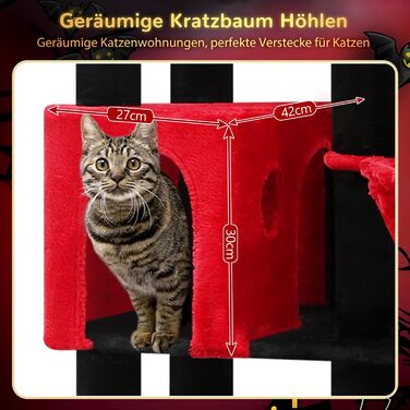 Дерев'яний комплекс для котів Globlazer з висотою 167 см, широкою платформою, будиночком, кошиком та іграшками. Стабільний, підходить для 2-4 котів. Чорний/червоний (F65B)