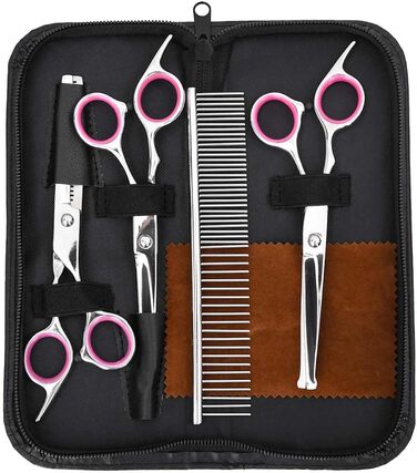 Набір професійних ножиць для собак з нержавіючої сталі - для всіх порід - з ножицями для фінальної обробки, гребінцем та ганчіркою - сріблястий Model4101328