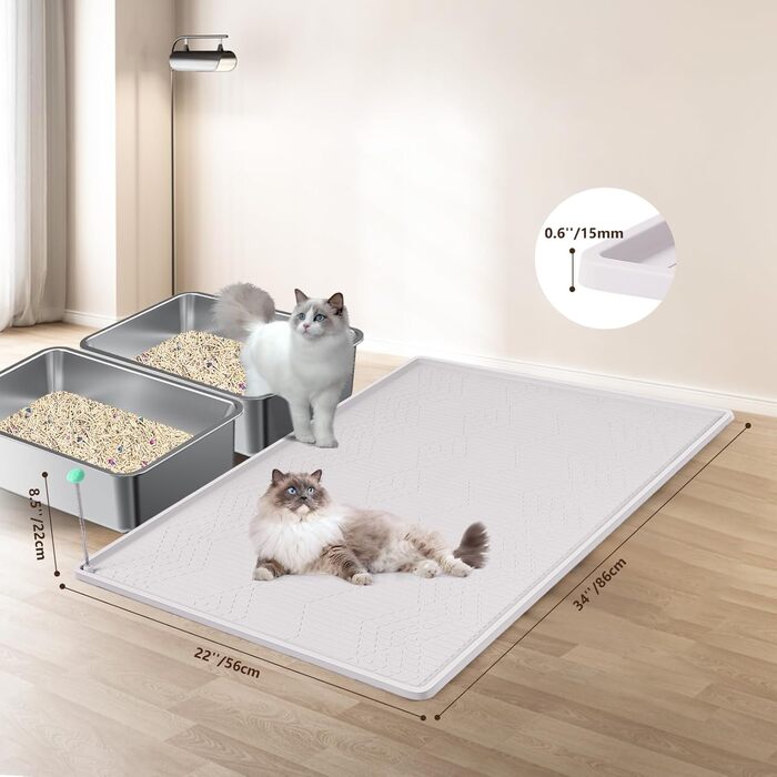 Килимок для котячого туалету Bartuke з іграшкою-м'ячиком, 86 x 56 см, силіконовий, контролює розсипання, м'який для лапок, легко миється (Білий)