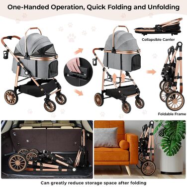 Візок для собак MAMIZO 4-в-1, до 25 кг, з амортизаторами, складний, для котів та собак (сірий)