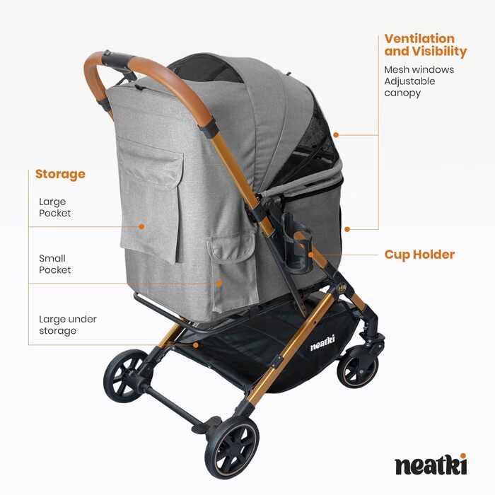 Складаний візок для домашніх тварин для собак та котів, сірий, 70x50x103 см, вантажопідйомність 15 кг, поворотні передні колеса на 360°, складання в один клік, гальмо, страхувальні кліпси, знімне м'яке сидіння