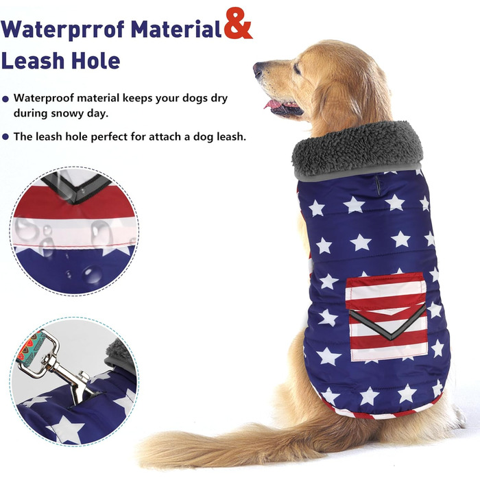 Водонепроникна куртка для собак на зиму з кишенею, світловідбиваюча, регульована, тепла флісова підкладка, розміри M, L, для маленьких, середніх та великих собак, з американським прапором
