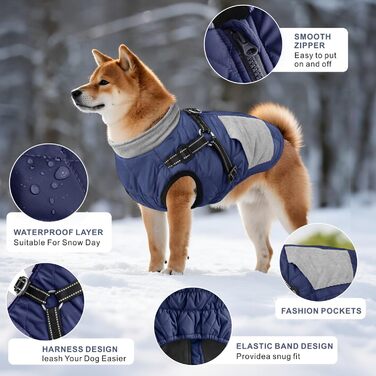 Тепла куртка для собак Mosucoir, водонепроникна, світловідбиваюча, для зими, комфортна, для середніх та великих собак (Marineblau, XXL)