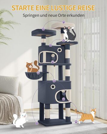 Драбина-кіготь для котів Hzuaneri, 159 см, з 8 кігтеточок, 3 платформ, 2 будиночків, кошиком, плюшевими кульками, мотузкою з сизалю, підходить для котів різних розмірів, MS15918LG (XL, темно-сірий)