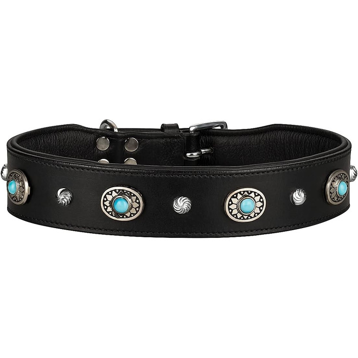 Нашийник для собак MICHUR Alonzo з натуральної шкіри, чорний, широкий, з синіми каменями та заклепками, різні розміри, обхват шиї 33-38 см