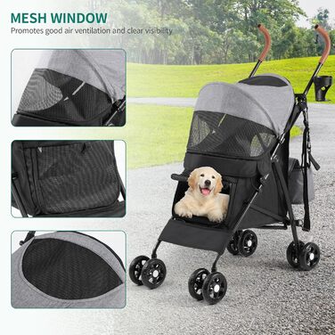 Візок для собак YITAHOME - переноска для тварин до 11,3 кг, з сіткою, тримачем для напоїв, кошиком та переноскою (сірий/чорний)