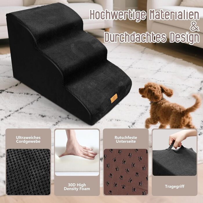 Сходинки для собак, 4 ступені, знімний поручень, неслизьке покриття, для ліжка та дивану, з високощільним губчастим наповнювачем (чорний)