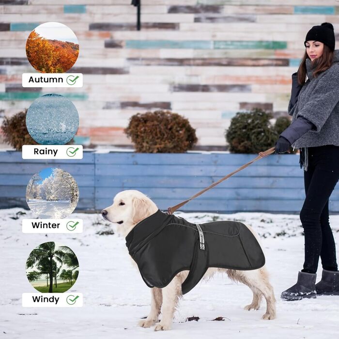 Тепла куртка для собак на зиму, чорна, з відбиваючими смужками, 3XL