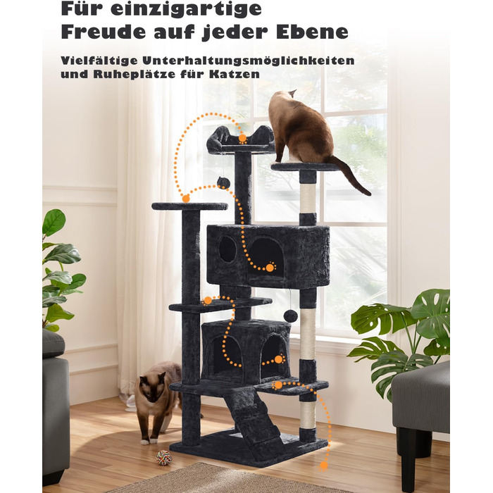 Кігтеточка-кімнатний комплекс Yaheetech 139 см, чорний, з 3 платформами, 3 стовпчиками, 2 хованками та іграшками