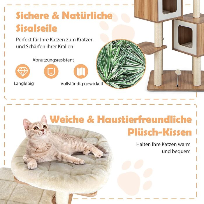 Дерев'яний кігтеточки COSTWAY 163 см, 6-ярусний, з 2 печерами, 2 килимками та 3 іграшками, для котів, бежевий+натуральний колір