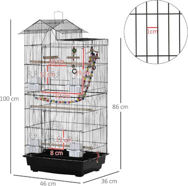 Клітка для птахів PawHut 46x36x100 см, з годівницями та жердочками, для хвилястих папуг, корел, канарок