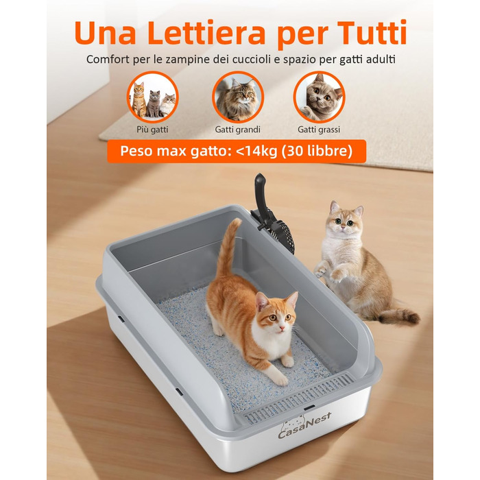 Сміттєве відро CasaNest для котів з нержавіючої сталі, XXXL, велике, антивитік, антиприлипання, темно-сірий