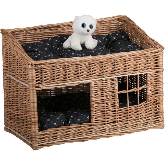 Кішка Будиночок з ротангу прямокутний, двоярусний, з подушкою та вікном (натуральний, чорний)