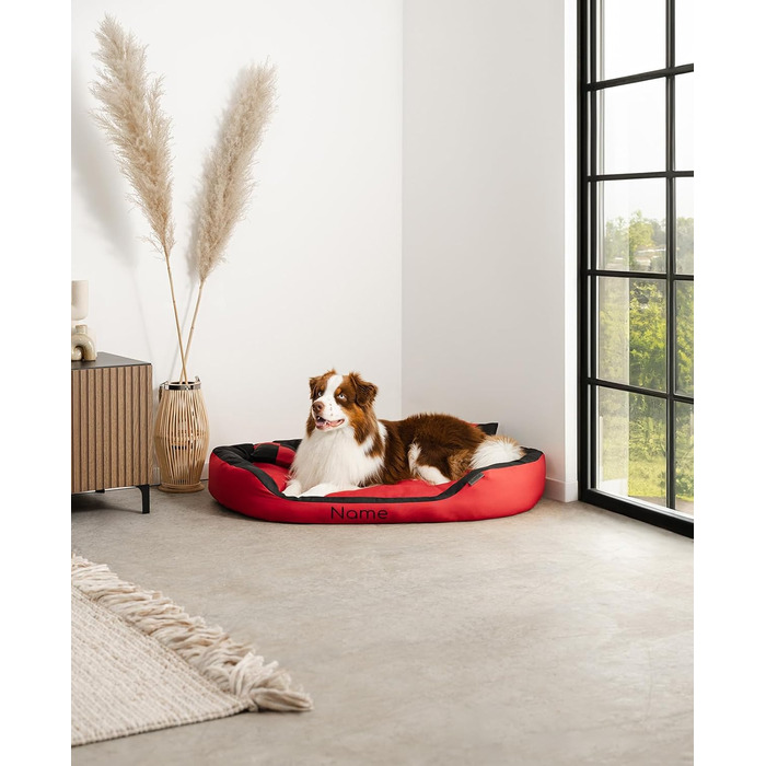 Ліжко для собак Lionto 4-в-1 з двостороннім подушкою, 85x70 см, з міцного оксфорду, з глибоким входом, водовідштовхувальне, з декоративною подушкою, для собак та котів усіх розмірів (червоний/чорний, L 110 x B 80 x H 23 см)