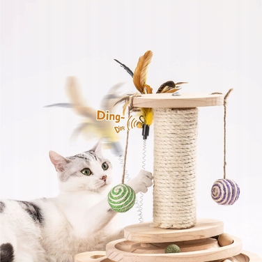 Інтерактивна дерев'яна іграшка-драбалка для котів з м'ячиком