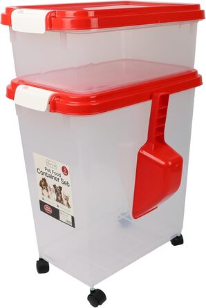 DIVCHI Контейнер для зберігання корму для тварин, 3 шт. з мірною ложкою, для собак, котів, корму для тварин, сухий корм, з роликами (Червоний)